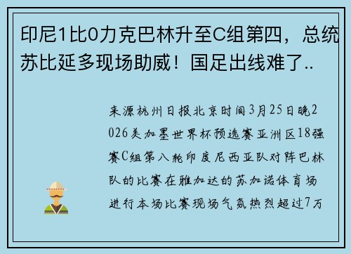 印尼1比0力克巴林升至C组第四，总统苏比延多现场助威！国足出线难了......